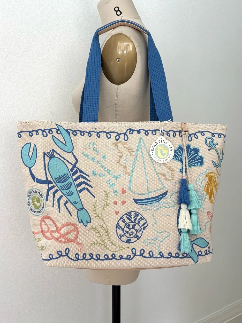 Spartina 449 Embroidered Sea Life Beach Tote ‘Overboard’ NWT Cotton Canvas